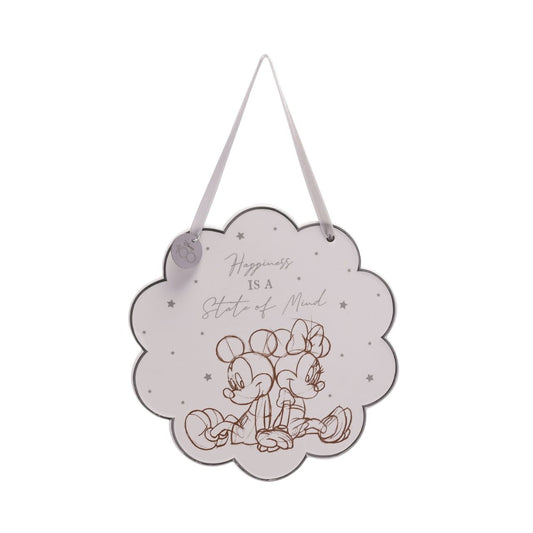 The white, ceramic plaque showcases a scalloped design, complete with printed pencil sketch illustration of Mickey &amp; Minnie Mouse, and ‘Happiness Is a State of Mind’ title. It is displayed using its silver ribbon handle, complete with ‘Disney 100’ silver metal charm.