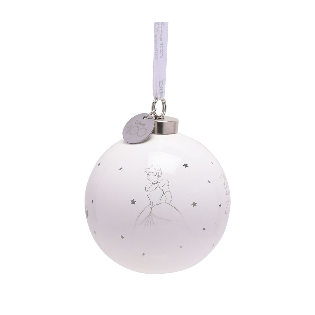 Disney 100 Bauble - Cinderella  A Cinderella bauble from Disney 100 by DISNEY.  This limited edition tree decoration captures the true magic of Disney on its centenary and can be enjoyed by fans of all ages at Christmas.