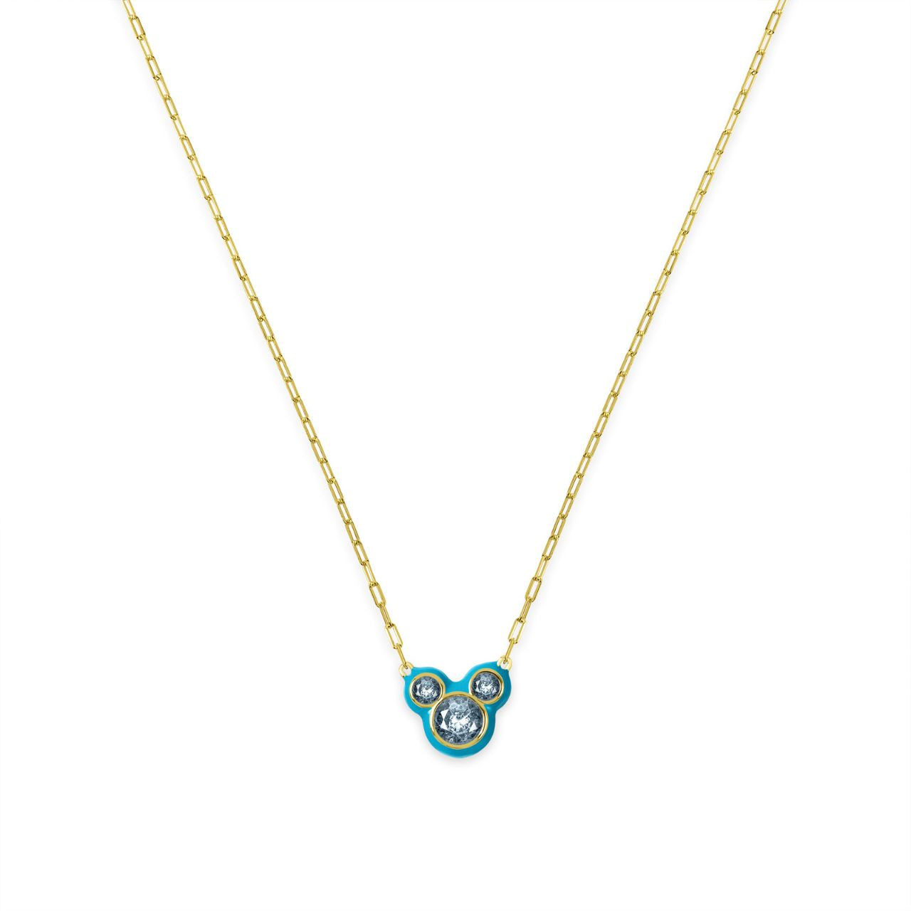 Disney 100th Anniversary Minnie Mouse Blue Back CZ Pendant  This Disney Minnie Mouse Blue Back Necklace features a stunning CZ pendant showcasing everyone's favourite mouse. With its delicate and stylish design, this necklace is the perfect accessory for any Disney fan. Add a touch of magic to your everyday look with this charming piece.
