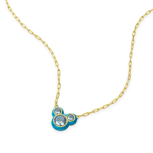 Disney 100th Anniversary Minnie Mouse Blue Back CZ Pendant  This Disney Minnie Mouse Blue Back Necklace features a stunning CZ pendant showcasing everyone's favourite mouse. With its delicate and stylish design, this necklace is the perfect accessory for any Disney fan. Add a touch of magic to your everyday look with this charming piece.