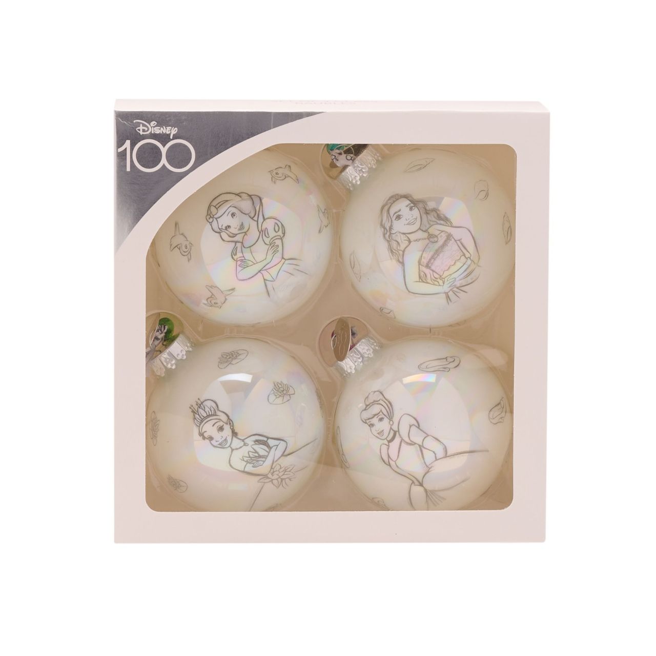 Disney 100th Anniversary Set of 4 Baubles - Princesses  A set of 4 Princess baubles from Disney 100 by DISNEY.  These limited edition tree decorations capture the true magic of Disney on its centenary and can be enjoyed by fans of all ages at Christmas.