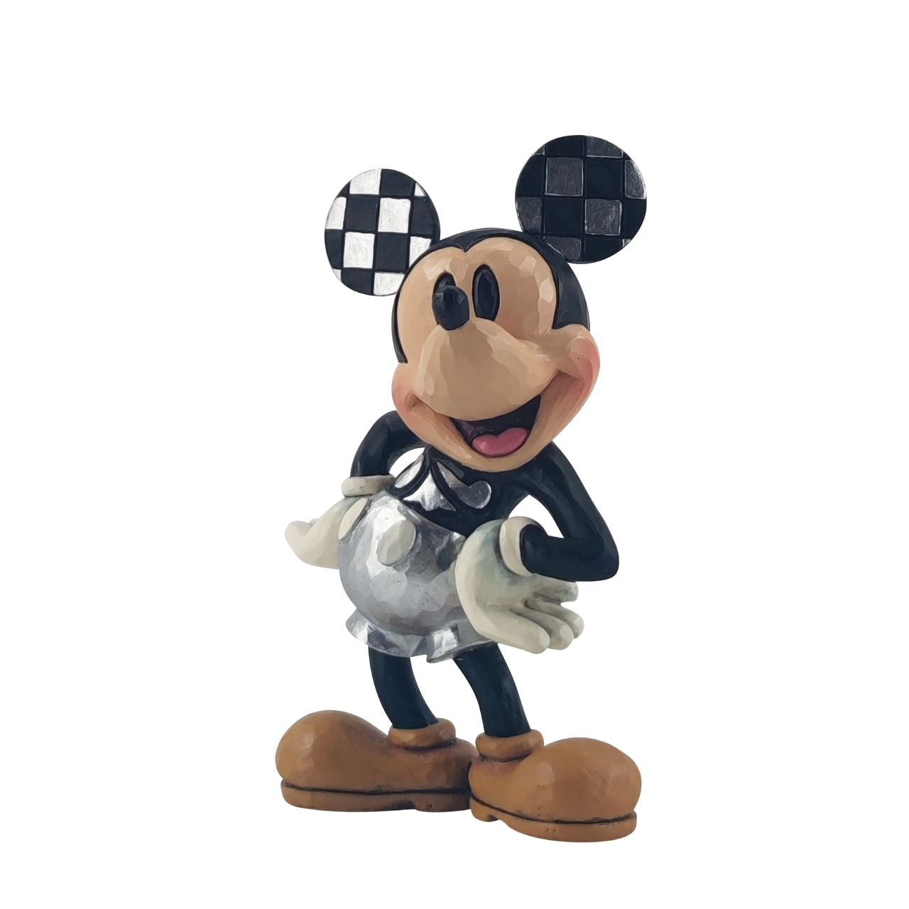 Disney 100 Years of Mickey Mouse Figurine by Jim Shore  Introducing the Disney 100 Mickey Mouse Figurine, a must-have for any Disney fan and collector. This exquisite figurine features the iconic Mickey Mouse in his classic pose, with a big grin and hands on his hips. Crafted with exceptional attention to detail, this figurine is made from high-quality cast stone, ensuring durability and longevity.