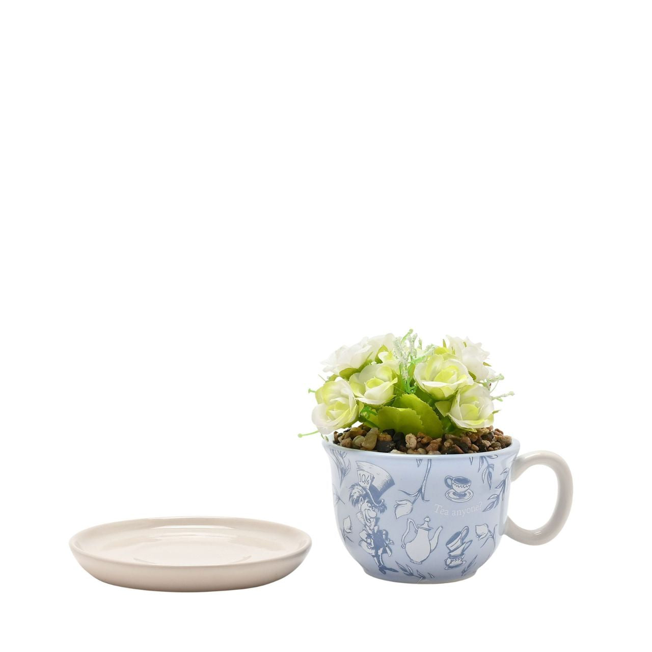 A Disney Alice in Wonderland Teacup Planter with Faux Plant, an officially licensed product that is tailor-made for superfans.