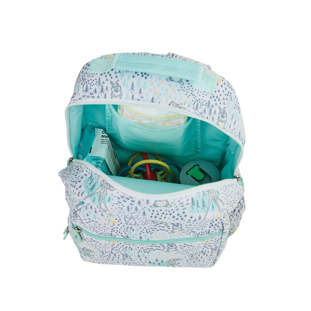 The classic Disney changing bag featuring Bambi, Thumper and Marie is perfect for trips out with or without baby. The gender-neutral backpack features a grab top handle, D-rings to attach to pram and elasticated side pockets for bottles.