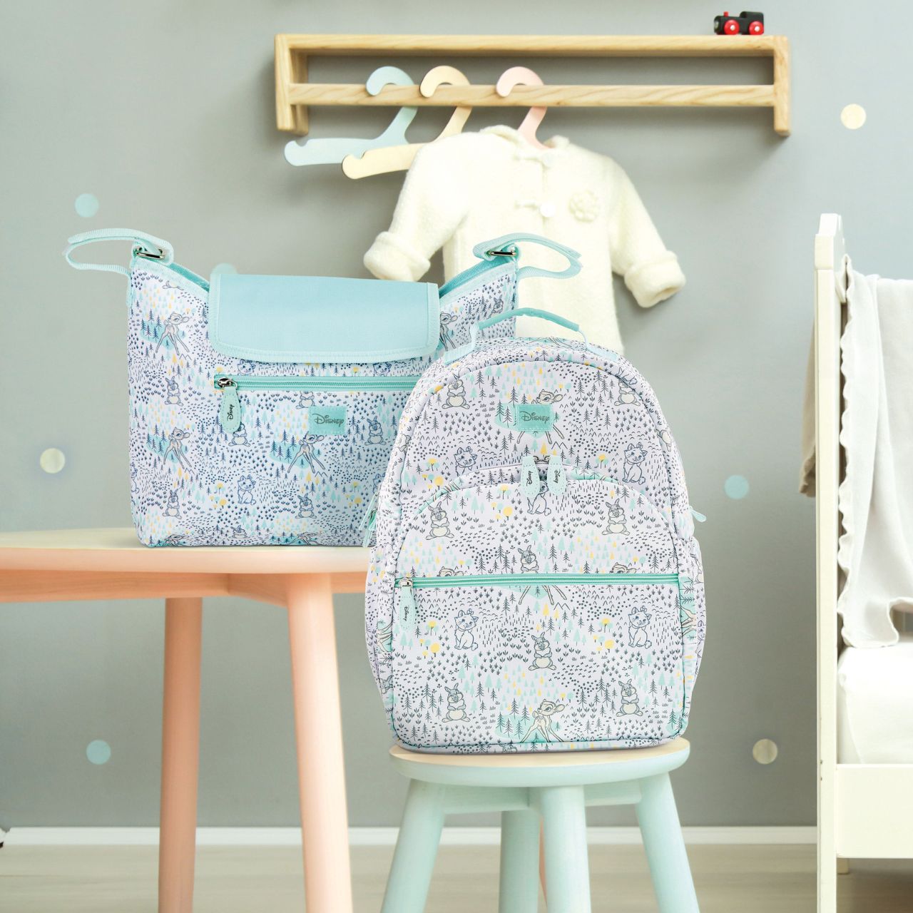 The classic Disney changing bag featuring Bambi, Thumper and Marie is perfect for trips out with or without baby. The gender-neutral backpack features a grab top handle, D-rings to attach to pram and elasticated side pockets for bottles.