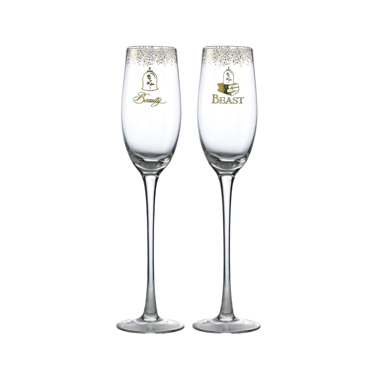 Beauty and the Beast Belle Wedding Toasting Glasses  Raise a toast in Disney style with our Beauty and the Beast glasses. The set of two glasses are the perfect gift and keepsake for the happy couple to use for their fairy tale wedding. Packed in a Disney branded window gift box.
