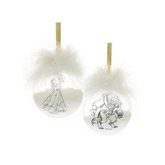 Disney Set of 2 Belle & Beast Feather Baubles  An ideal Christmas tree decoration for any Disney fanatics, this set of 2 Beauty and the Beast themed feather baubles would be an amazing gift idea this holiday season.