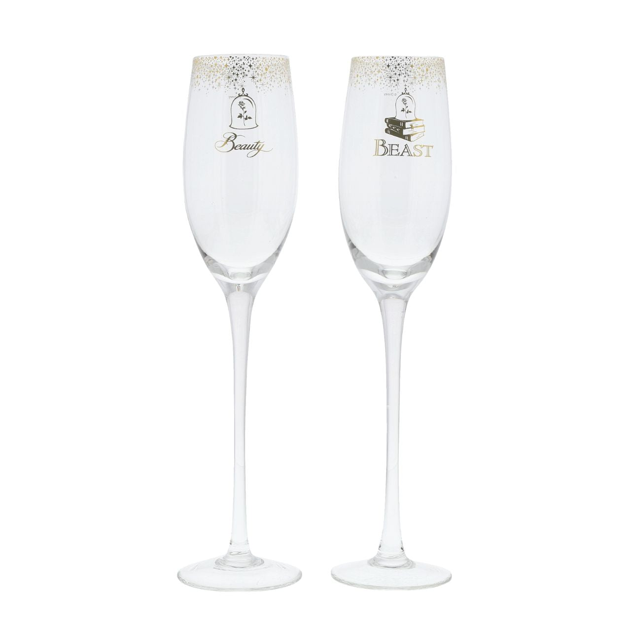 Beauty and the Beast Belle Wedding Toasting Glasses  Raise a toast in Disney style with our Beauty and the Beast glasses. The set of two glasses are the perfect gift and keepsake for the happy couple to use for their fairy tale wedding. Packed in a Disney branded window gift box.