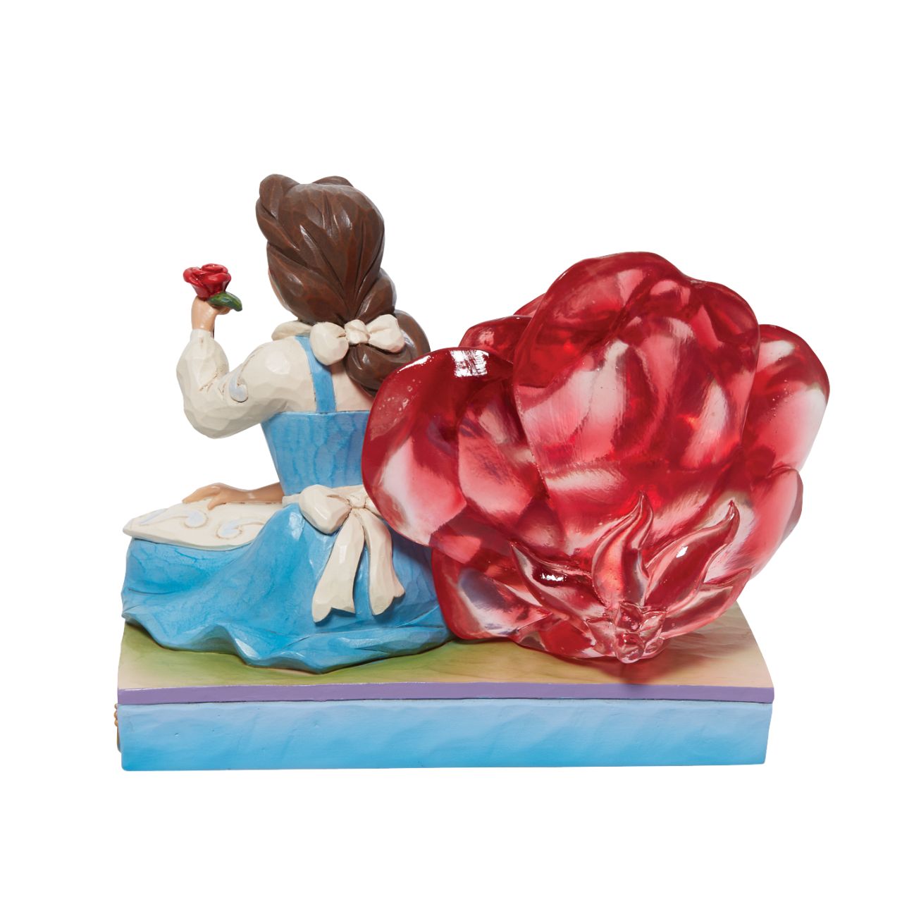Disney Belle with Clear Resin Rose by Jim Shore  This Disney Traditions line by Jim Shore features iconic Walt Disney princesses with their famous props highlighted. With a base illustrating her story, this piece features Belle with a with her signature red rose.