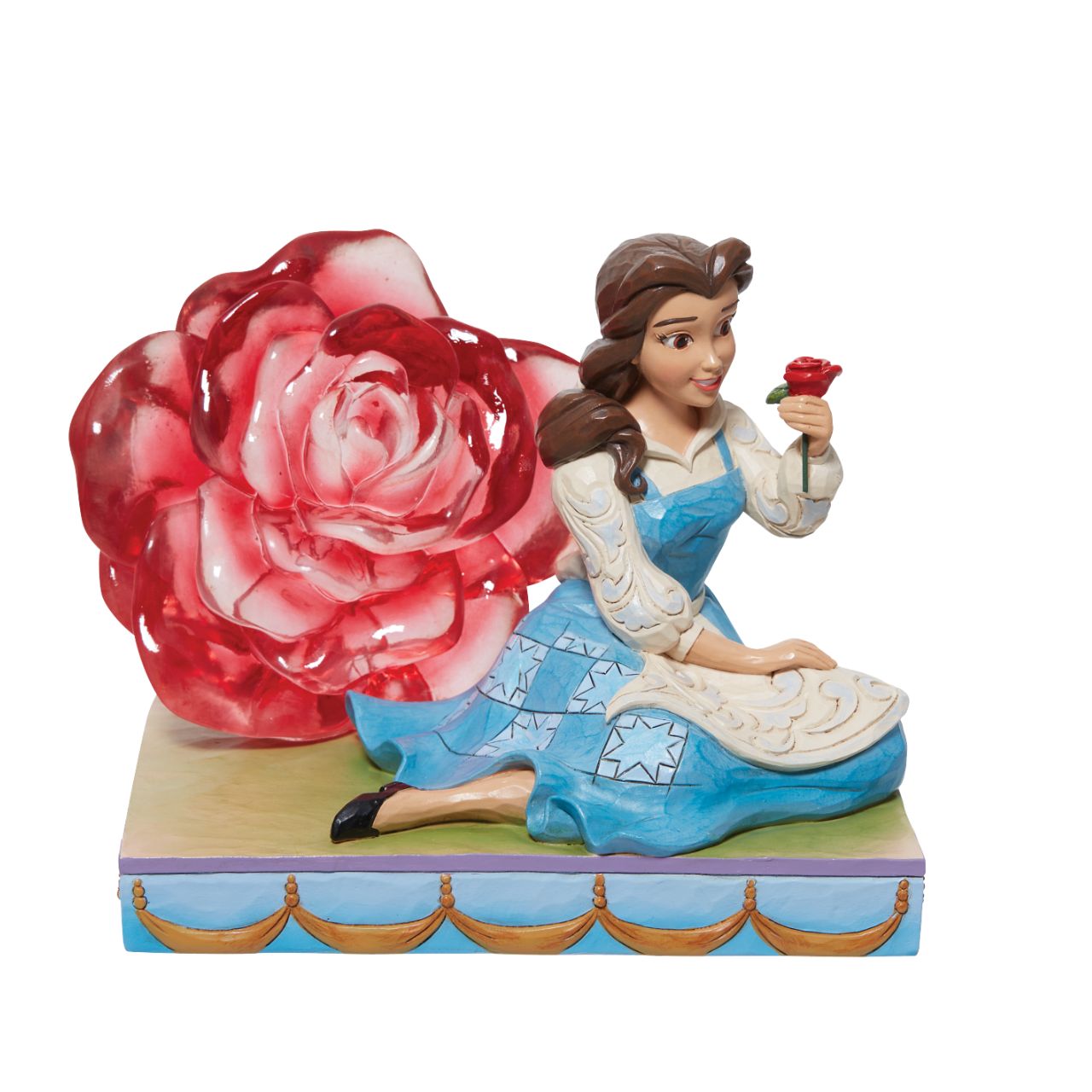 Disney Belle with Clear Resin Rose by Jim Shore  This Disney Traditions line by Jim Shore features iconic Walt Disney princesses with their famous props highlighted. With a base illustrating her story, this piece features Belle with a with her signature red rose.
