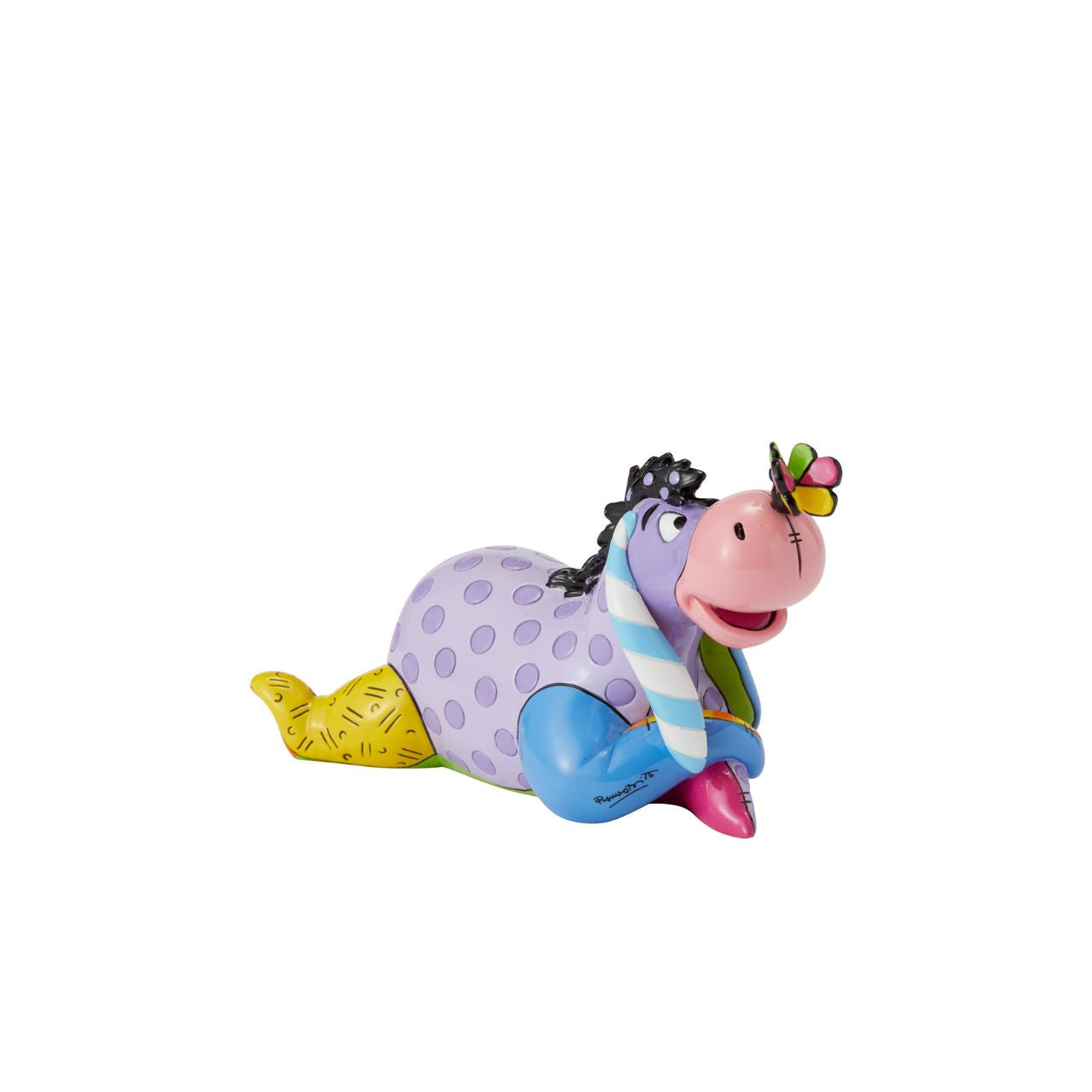 Eeyore enjoys nature and stares curiously at the butterfly perched on his nose. Romero Britto bestows a dose of optimism to our favourite gloomy donkey, reimagining Eeyore in lovely lavender and pretty polka dots.