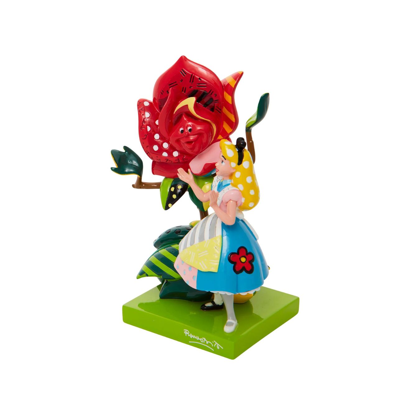 With bold colour and compelling pattern, contemporary pop artist Romero Britto captures the fun and whimsy of Disney. Redesigning a scene from Alice and Wonderland, Alice greets a talking rose with glittering grace.