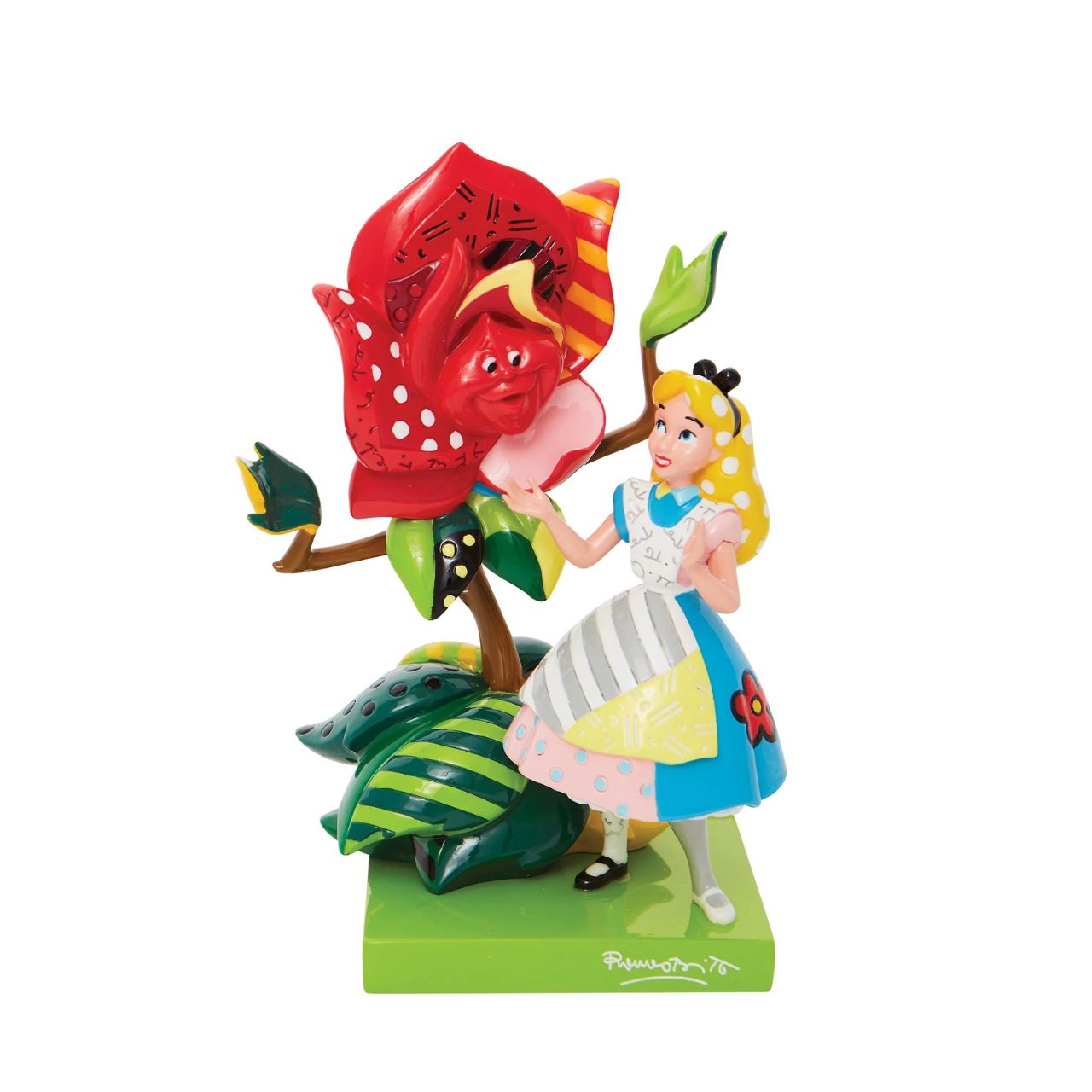With bold colour and compelling pattern, contemporary pop artist Romero Britto captures the fun and whimsy of Disney. Redesigning a scene from Alice and Wonderland, Alice greets a talking rose with glittering grace.