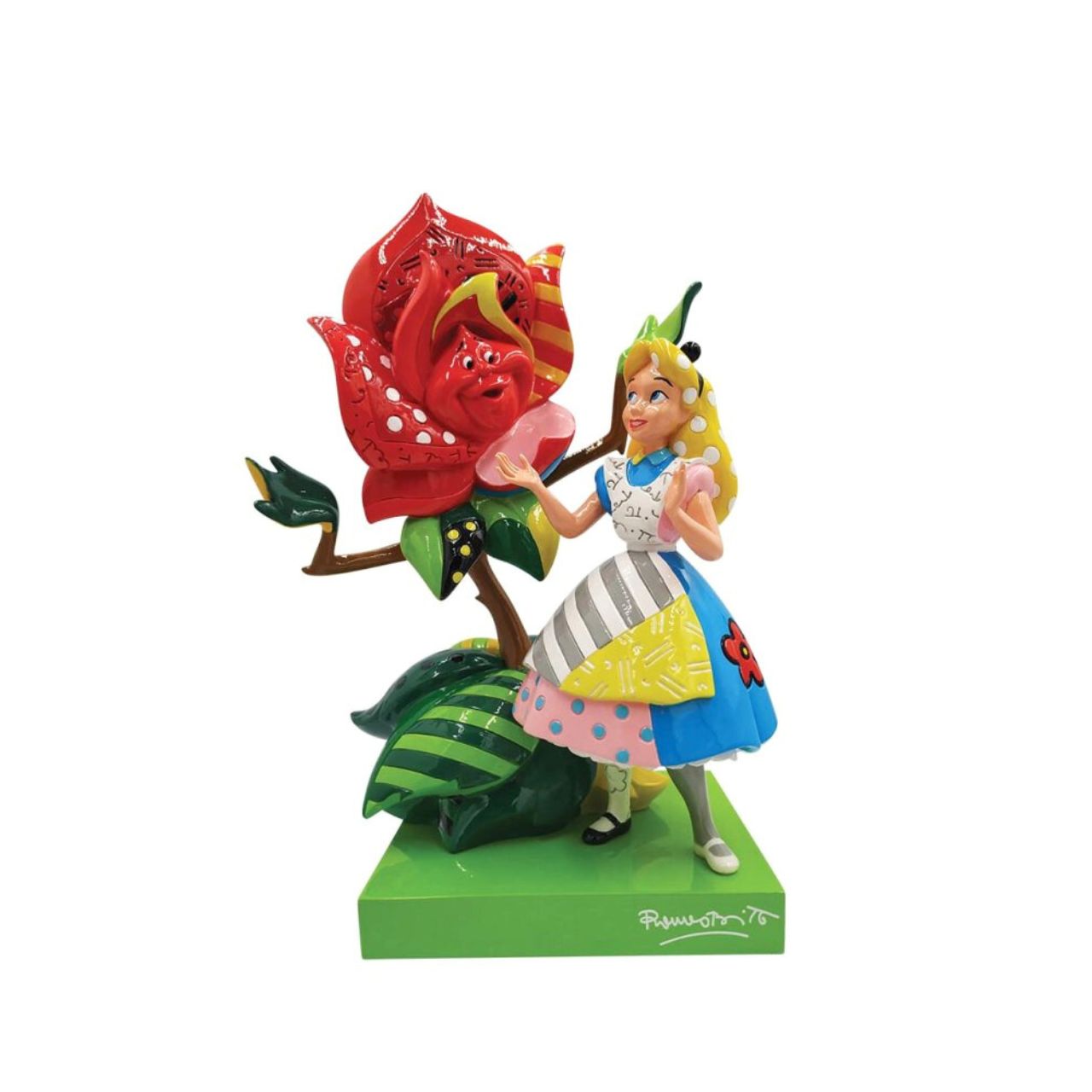 With bold colour and compelling pattern, contemporary pop artist Romero Britto captures the fun and whimsy of Disney. Redesigning a scene from Alice and Wonderland, Alice greets a talking rose with glittering grace.
