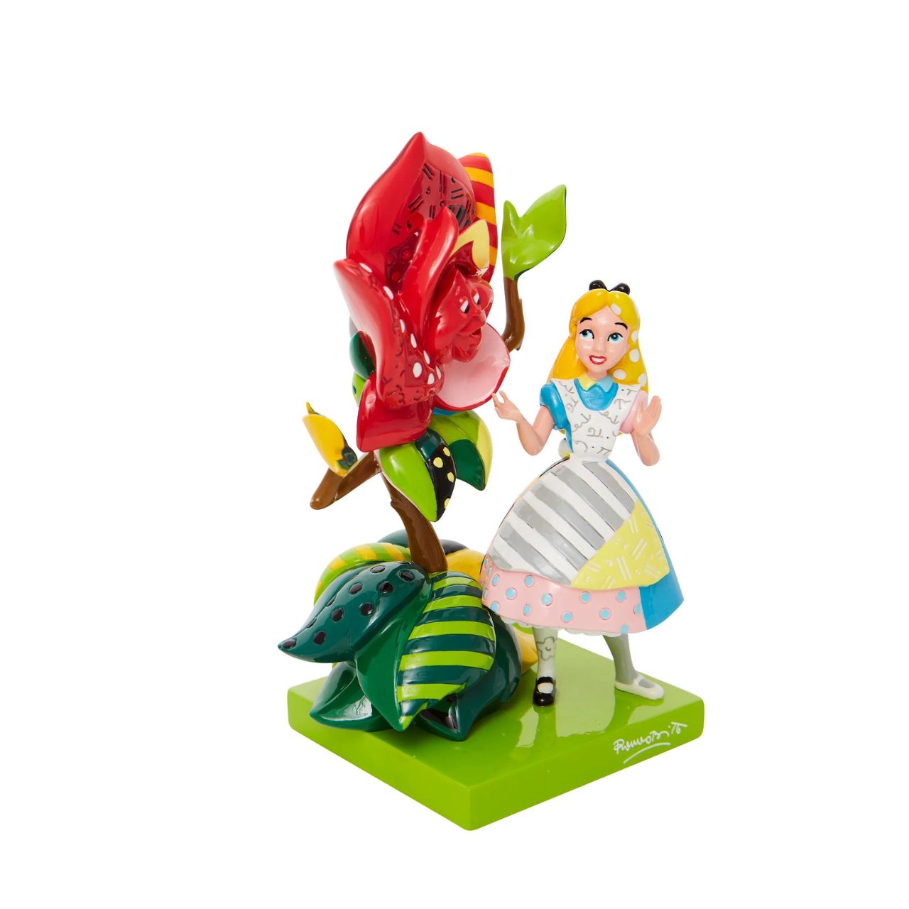 With bold colour and compelling pattern, contemporary pop artist Romero Britto captures the fun and whimsy of Disney. Redesigning a scene from Alice and Wonderland, Alice greets a talking rose with glittering grace.