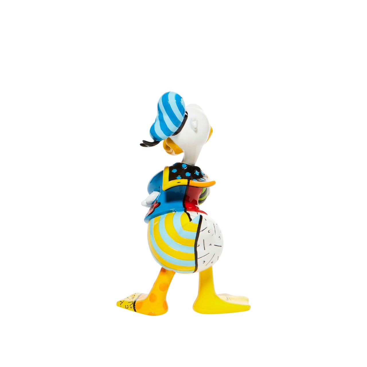 Redesigning the classic character Donald Duck, the bird pouts with flashy feathers. With bold colour and compelling pattern, contemporary pop artist Romero Britto captures the fun and whimsy of Disney.