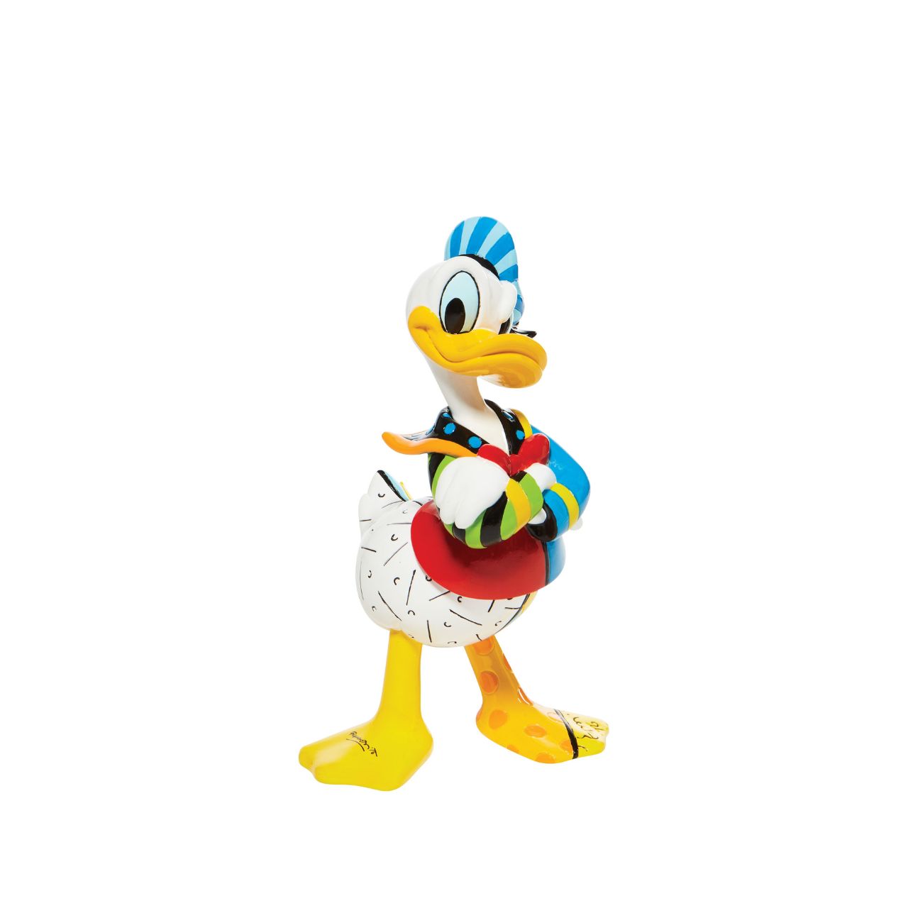 Redesigning the classic character Donald Duck, the bird pouts with flashy feathers. With bold colour and compelling pattern, contemporary pop artist Romero Britto captures the fun and whimsy of Disney.