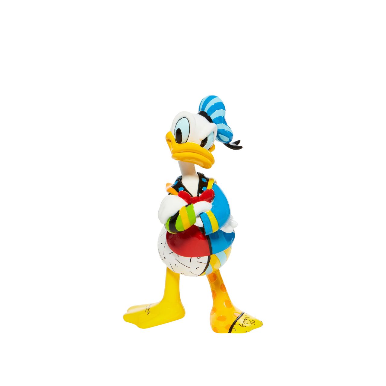Redesigning the classic character Donald Duck, the bird pouts with flashy feathers. With bold colour and compelling pattern, contemporary pop artist Romero Britto captures the fun and whimsy of Disney.