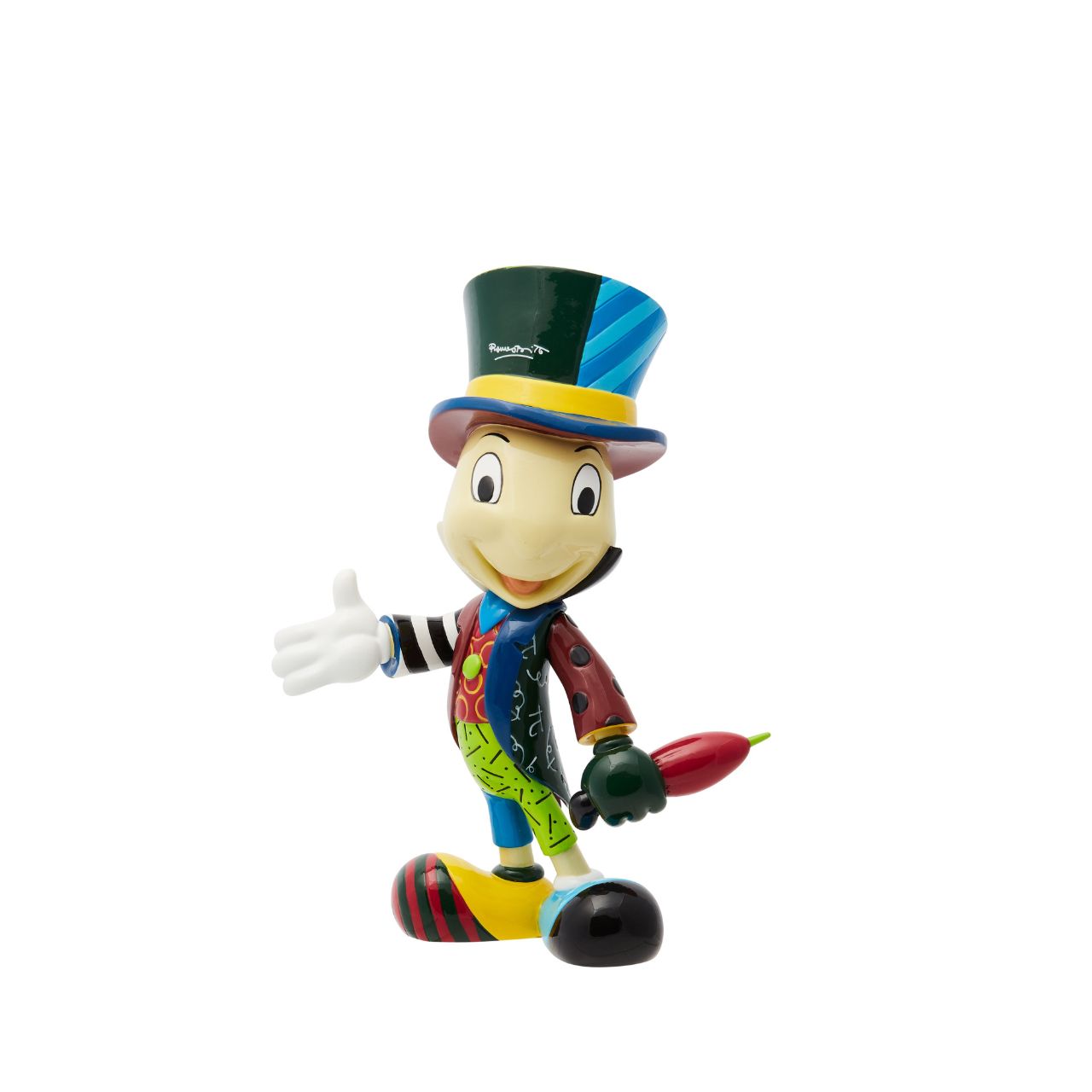 Inspired by the iconic sidekick in Disney's Pinocchio, Romero Britto has added his trademark use of colour and pattern to the character Jiminy Cricket on this striking, hand-painted figurine. Bold blues, reds, greens and yellow combine to create a unique and eye-catching display piece, perfect for Disney fans, avid collectors and lovers of Romero Britto's art style.