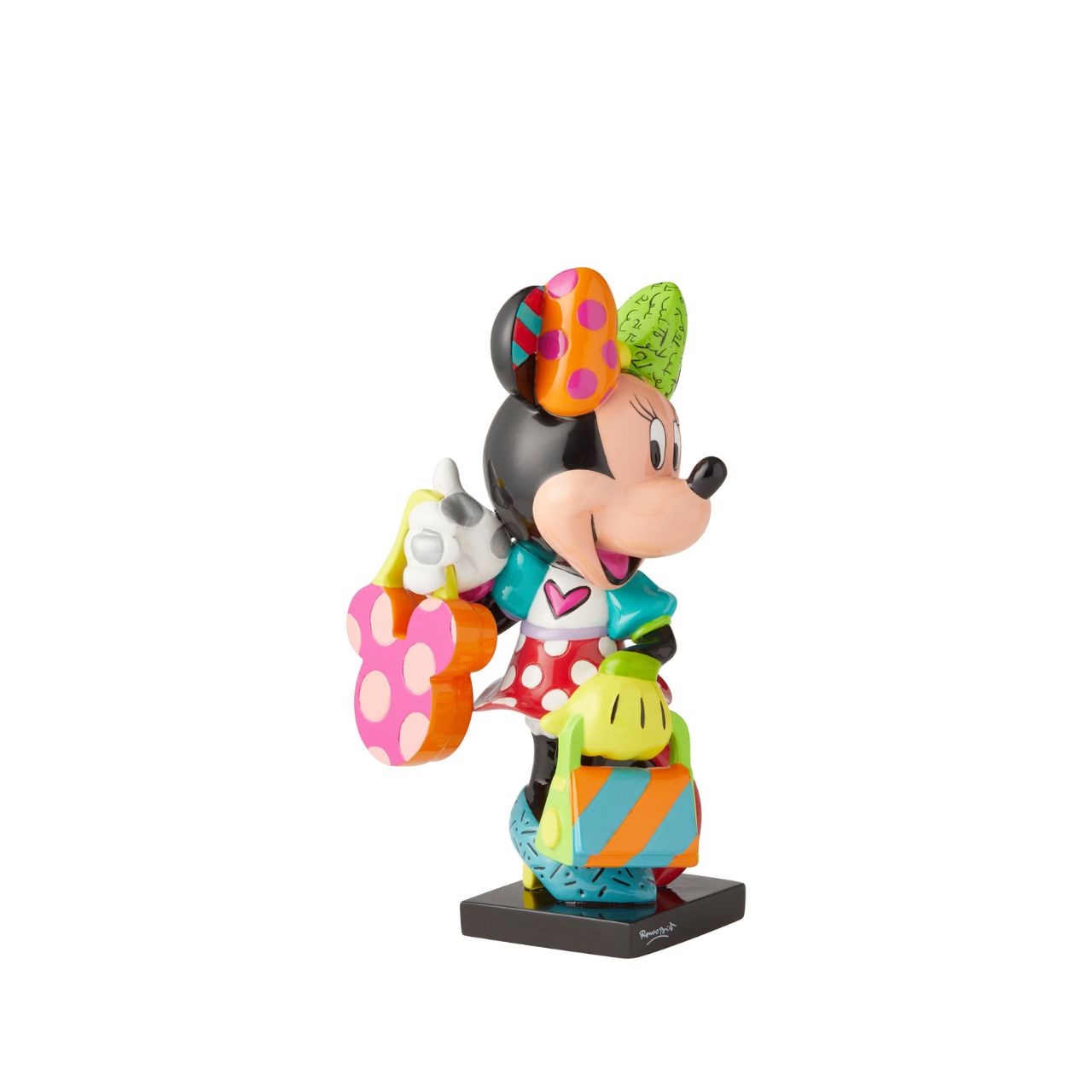 The glamorous Minnie Mouse shows off her fashion side in this colourful figurine. Made from cast stone with high-gloss shiny finish. Packed in a branded gift box. Not a toy or children's product. Intended for adults only.