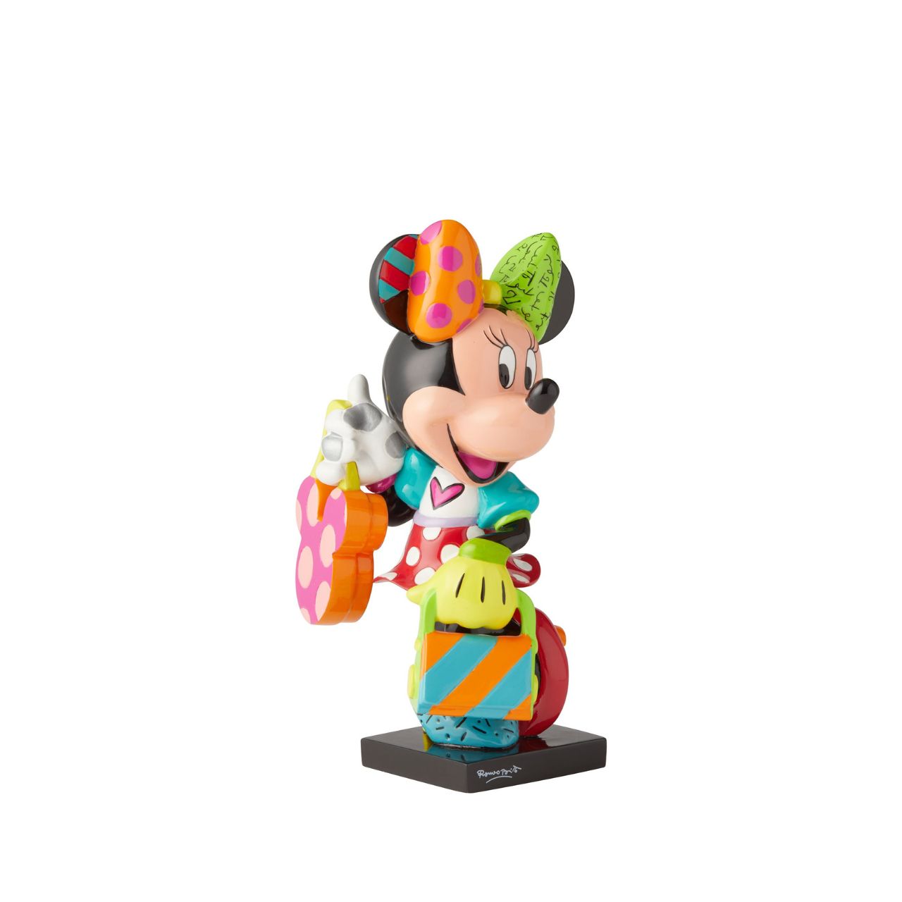The glamorous Minnie Mouse shows off her fashion side in this colourful figurine. Made from cast stone with high-gloss shiny finish. Packed in a branded gift box. Not a toy or children's product. Intended for adults only.