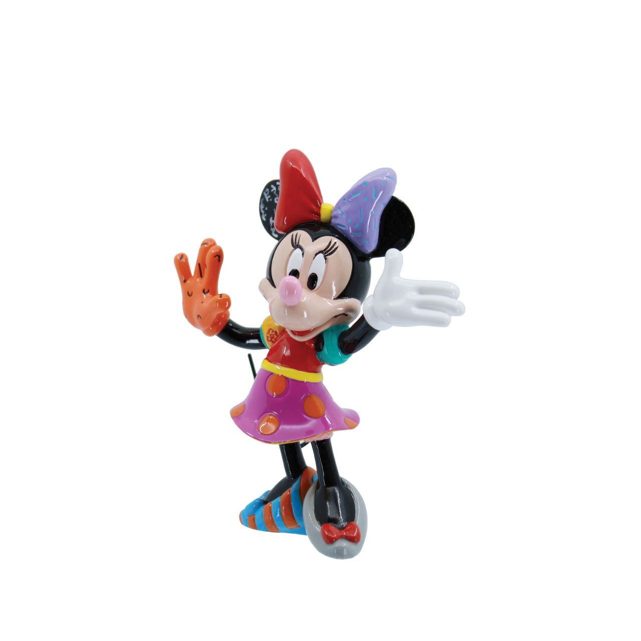 Pop artist Romero Britto reinterprets Minnie Mouse in his iconic pop art palette of bright colours and happy hues. Figurine is made from cast stone. Product is supplied in branded gift box. Unique variations should be expected as product is hand painted.