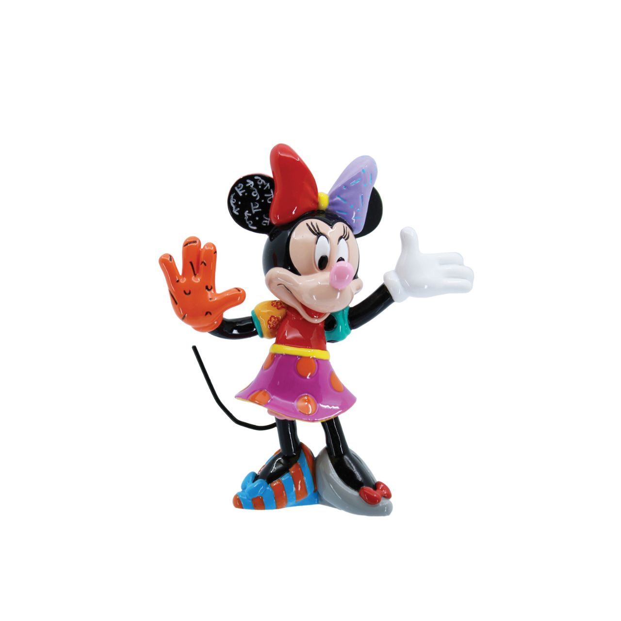 Pop artist Romero Britto reinterprets Minnie Mouse in his iconic pop art palette of bright colours and happy hues. Figurine is made from cast stone. Product is supplied in branded gift box. Unique variations should be expected as product is hand painted.