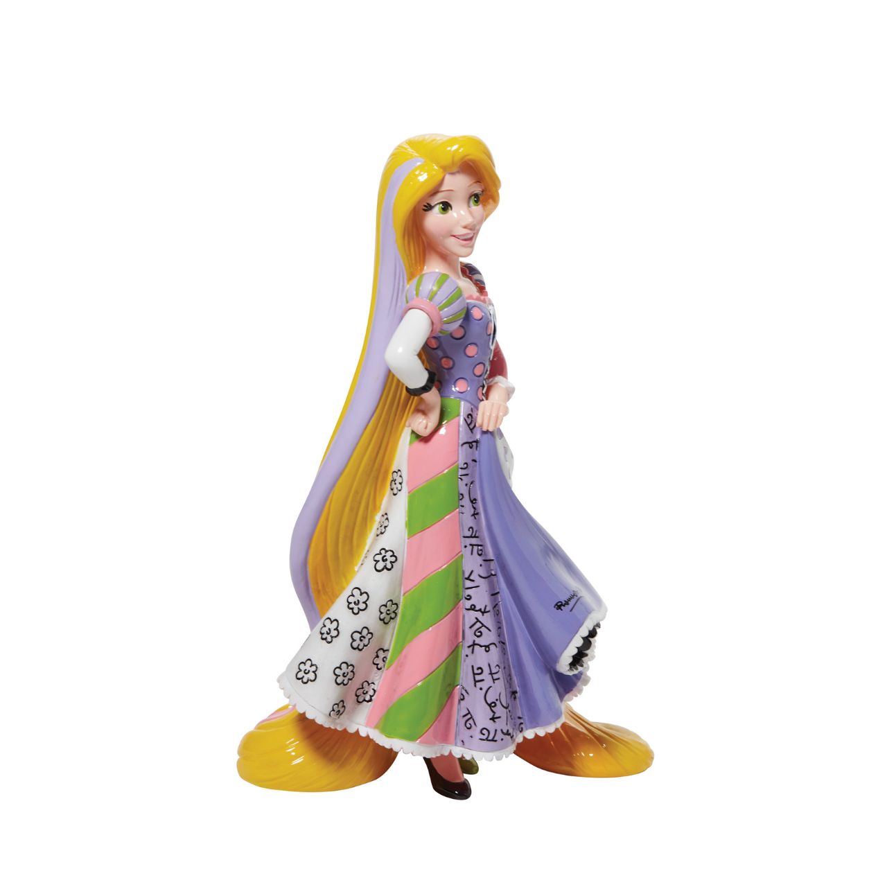 Rapunzel can be seen here with her iconic long magical hair in this unique pop art figurine. With bold colour and compelling pattern, contemporary artist Romero Britto captures the fun and whimsy of Disney. 