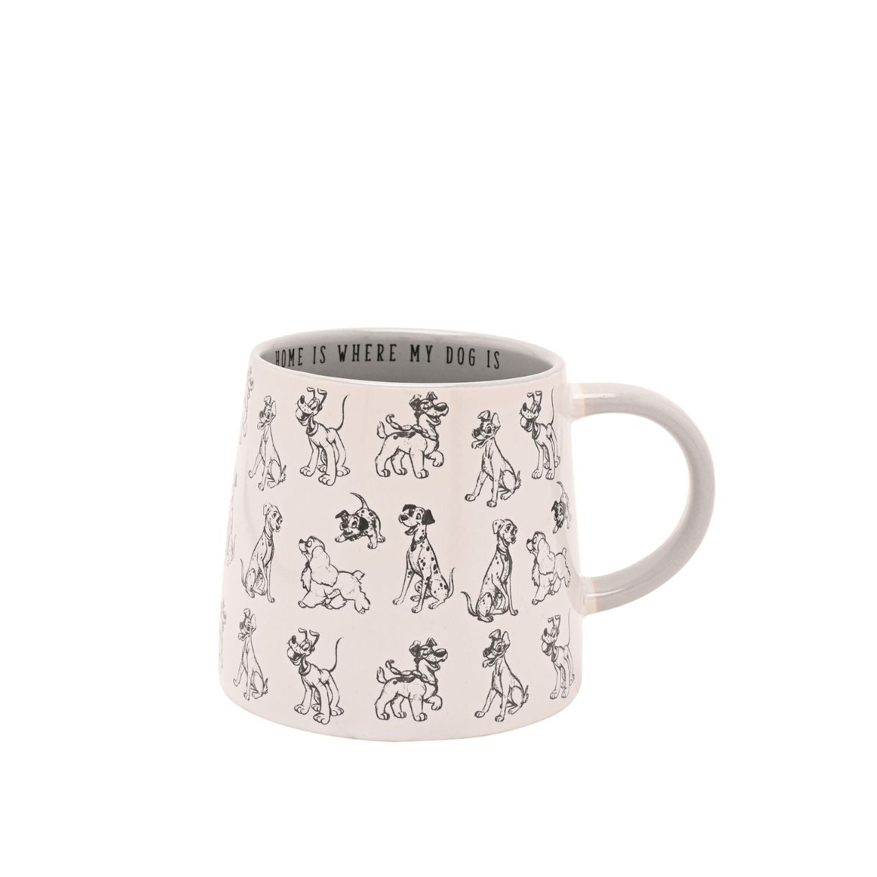 Indulge your passion for pets with the Disney Cats &amp; Dogs Mug - Home Is Where My Dog Is, a delightful piece sure to bring a smile. This white ceramic mug features a playful pattern of various dog breeds, catching the eye instantly.