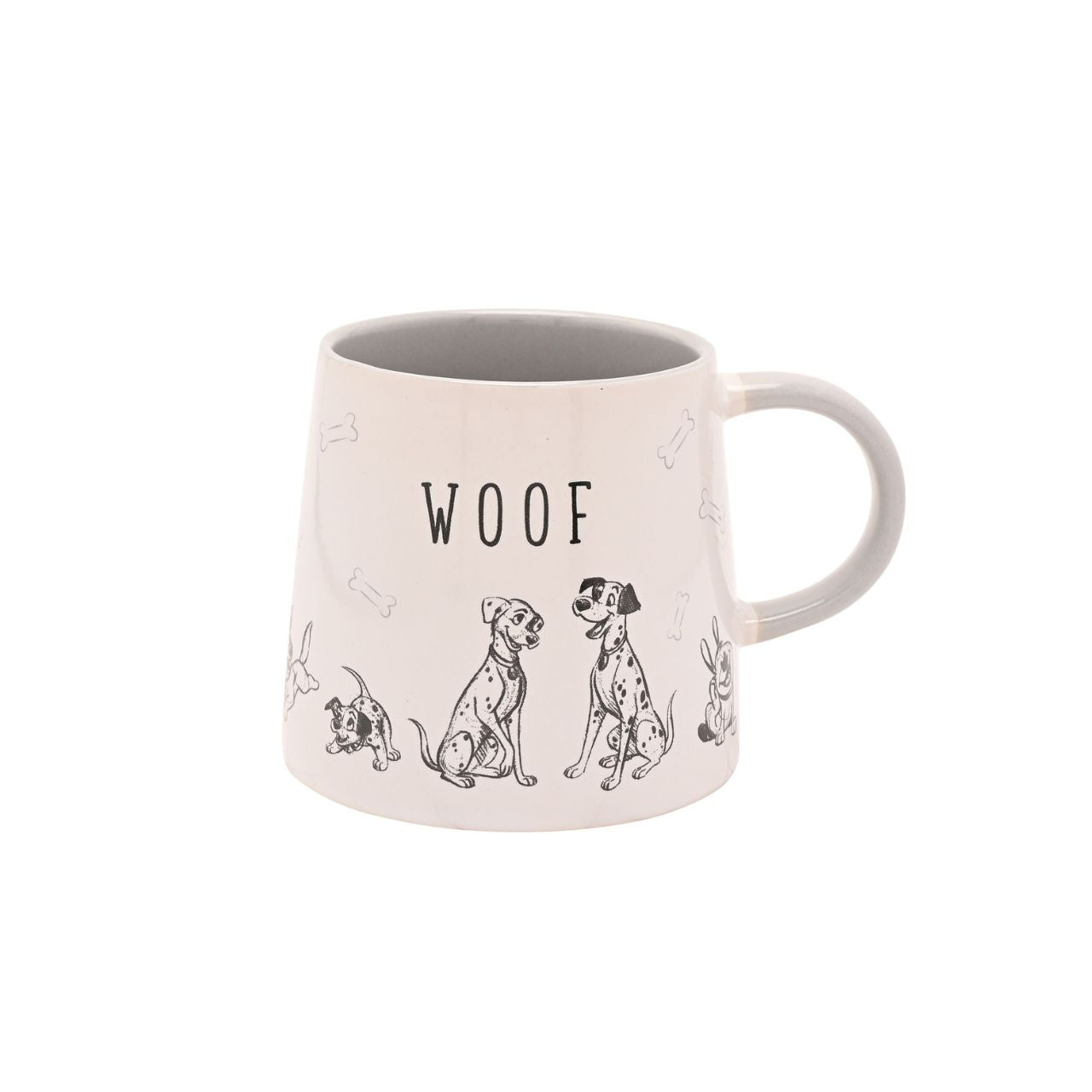 Sip your favourite brew in style with the whimsical Disney Cats &amp; Dogs Mug - Woof. This delightful white ceramic mug features a playful black and white illustration of dogs and the word "WOOF," adding fun to every tea break.
