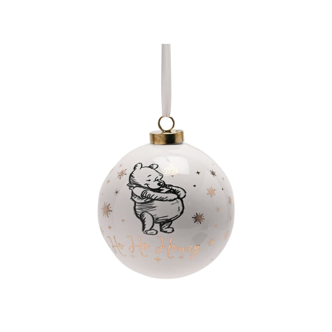 Disney Ceramic Christmas Bauble Winnie the Pooh  Bring touch of timeless Disney magic to the Christmas tree with this elegant gold foiled ceramic collectable Winnie the Pooh bauble. From Disney Classic Collectables - luxurious collectable gifts for the enduring Disney fan.