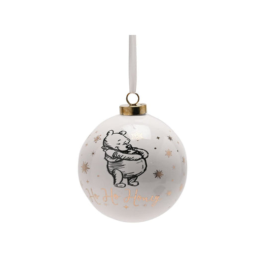 Disney Ceramic Christmas Bauble Winnie the Pooh  Bring touch of timeless Disney magic to the Christmas tree with this elegant gold foiled ceramic collectable Winnie the Pooh bauble. From Disney Classic Collectables - luxurious collectable gifts for the enduring Disney fan.