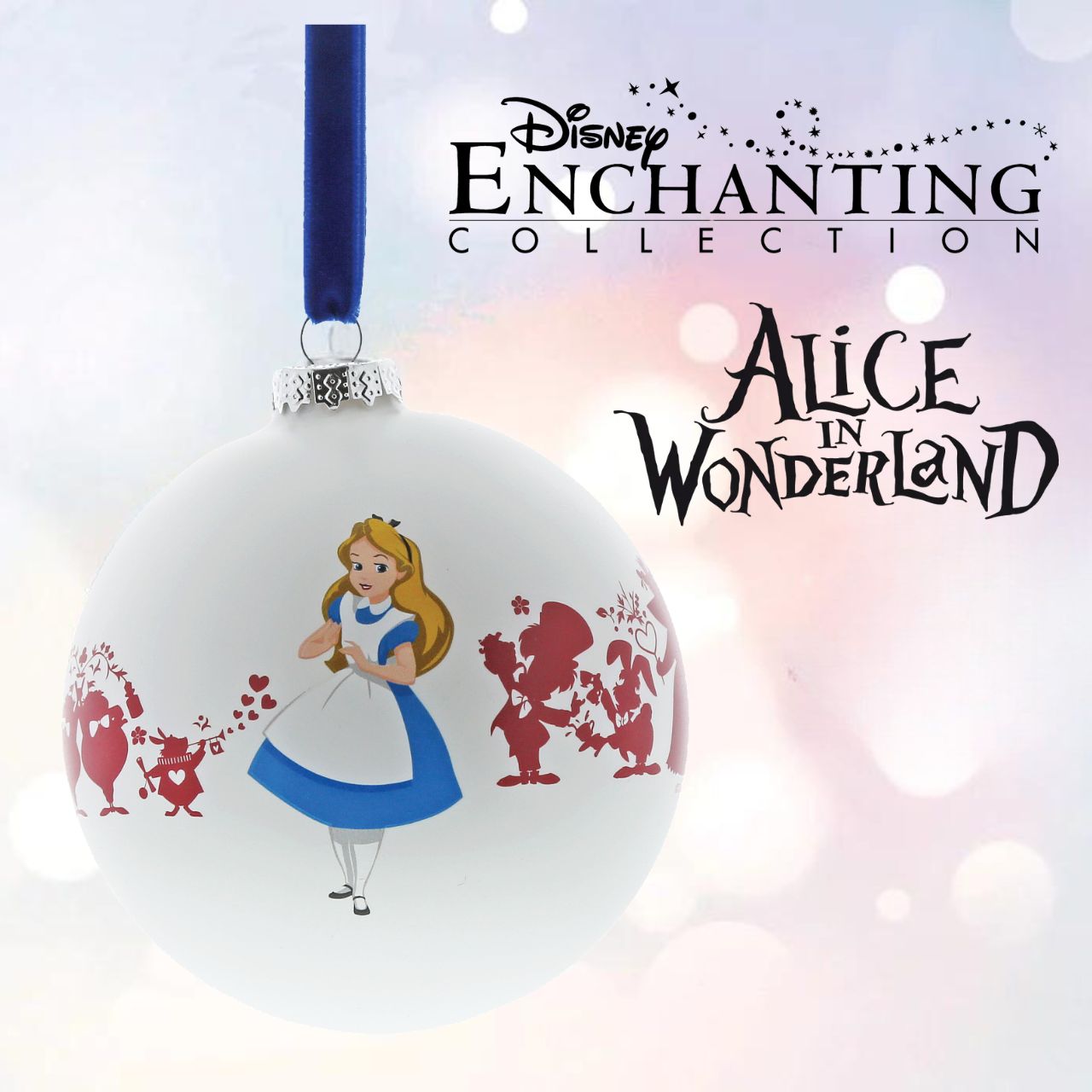 Disney Enchanting Collection Alice in Wonderland We're All Mad Here  A beautiful glass Alice Bauble that makes for a treasured keepsake all year round. This bauble features the popular characters from the curious Disney film Alice in Wonderland. This item would make a lovely unique gift for a friend, or a self-purchase to brighten up the home. Presented in a branded window box.