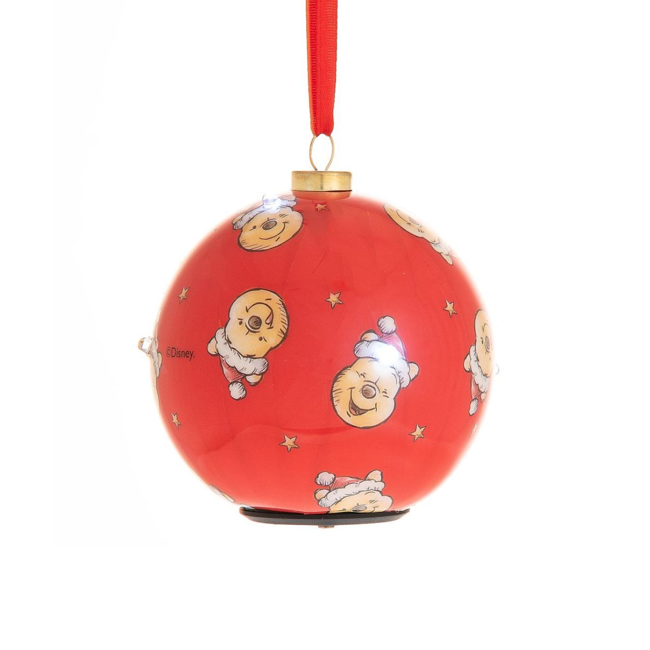 LED Flashing Winnie Pattern Christmas Bauble  Make any tree a little more special this year by welcoming the warmth of Winnie the Pooh into the home. With a cheerful repeated illustration and an LED flashing light, this bauble is sure to bring a smile to any little one's face.