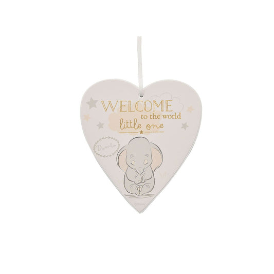 Heart-shaped hanging plaque with 'Welcome to the world little one' text and baby illustration on a white background.