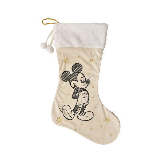 Disney Mickey Christmas Stocking 20"  This Disney stocking would look beautiful hanging on any mantel this Christmas morning. With cute pompom detailing, a delightful print of Mickey Mouse, and a golden star design, this stocking is sure to brighten any Disney fan's day.