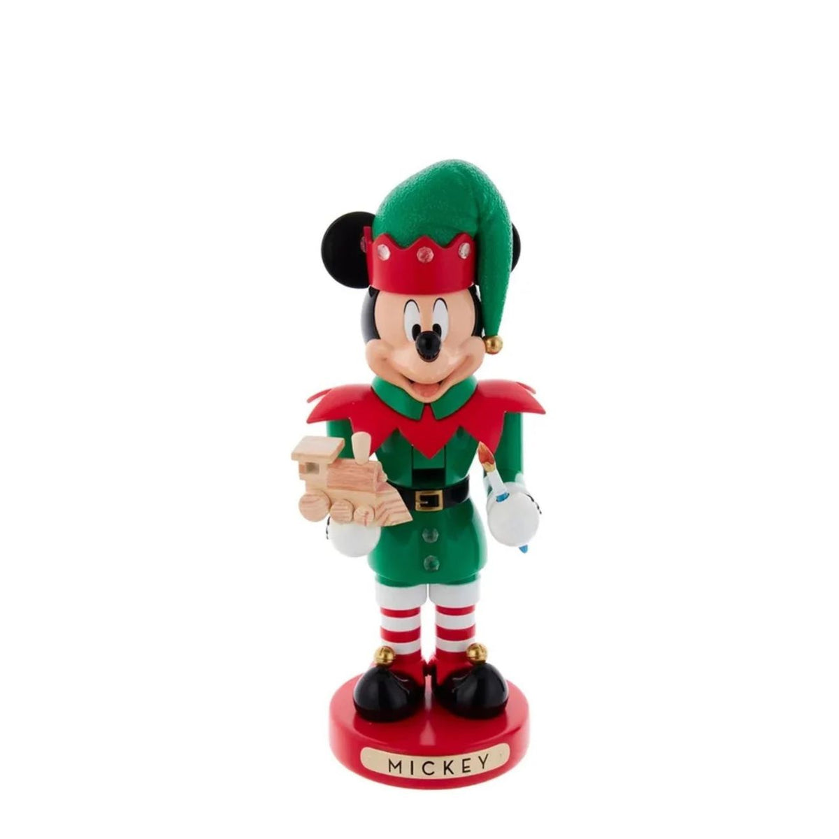 Bring festive magic to your holiday décor with this charming Disney Mickey Elf Christmas Nutcracker. Dressed in classic green and red elf attire, Mickey strikes a cheerful pose while holding a delightful toy wooden train.