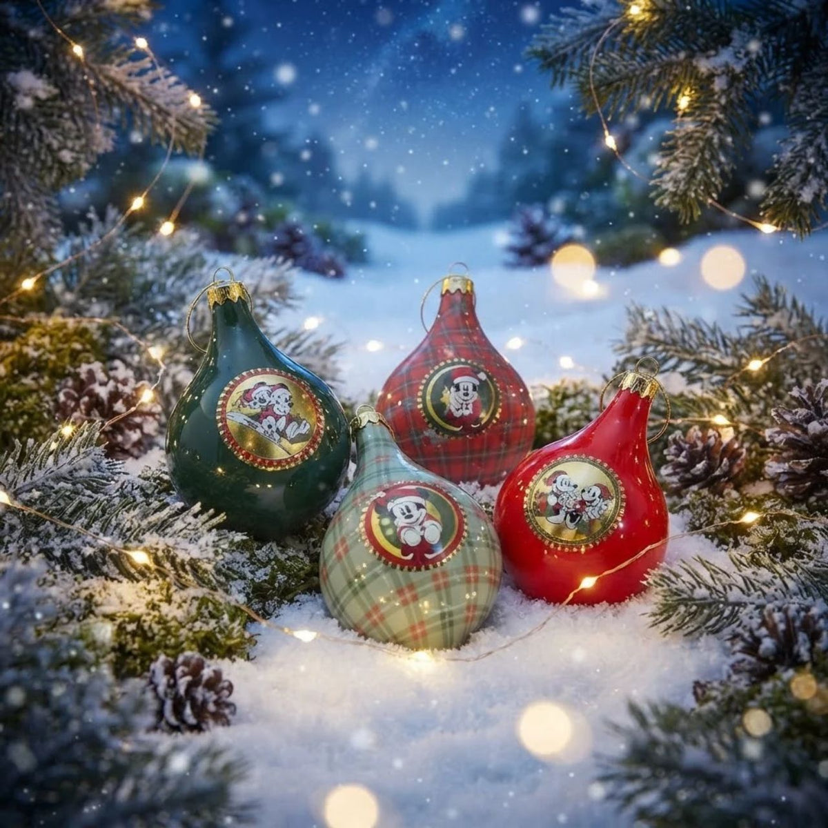 Bring festive magic to your tree with this enchanting Disney Home Mickey & Friends set of four Christmas baubles. Each pear-drop shaped ornament features beloved characters in a charming palette of rich green, vibrant red, and classic tartan patterns.