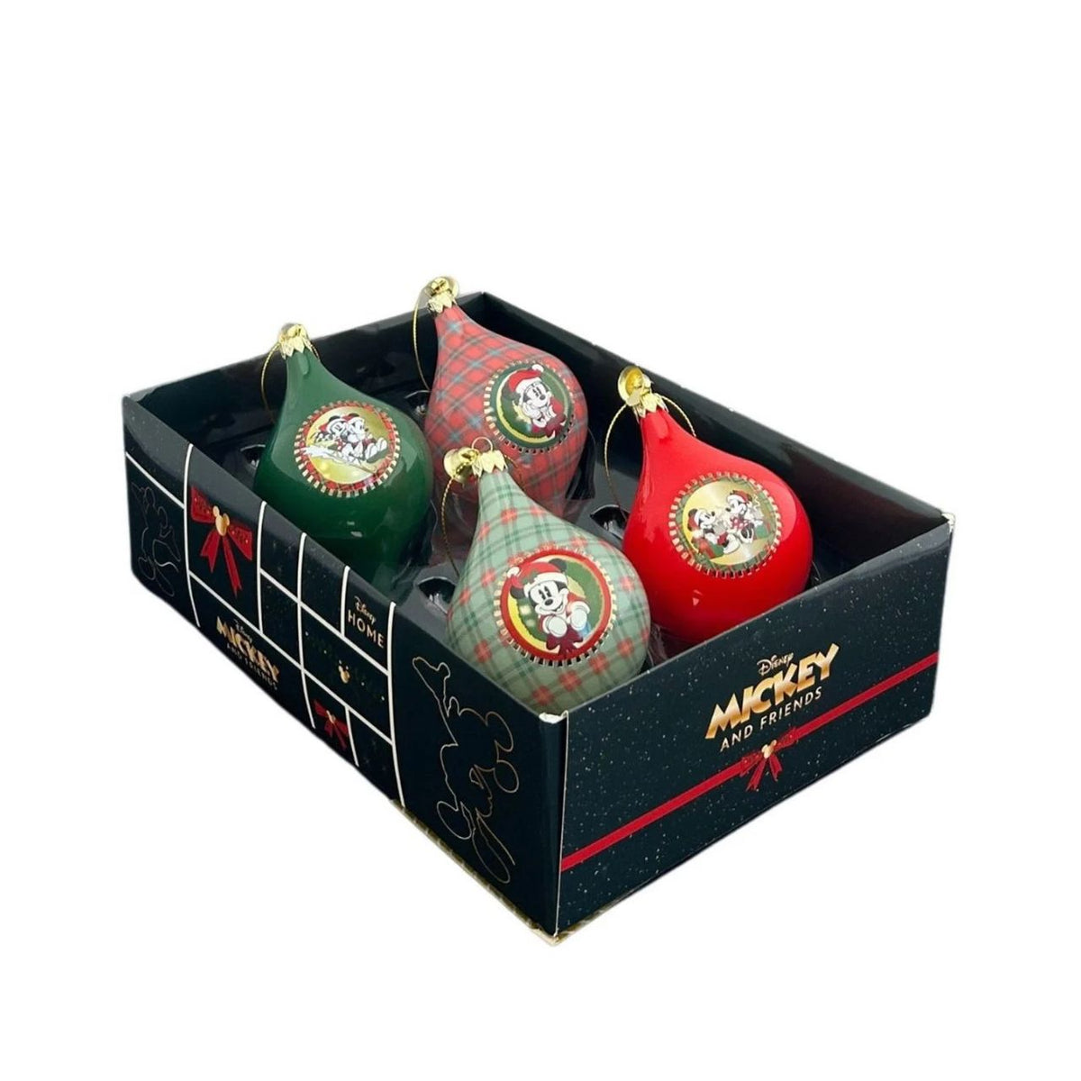 Bring festive magic to your tree with this enchanting Disney Home Mickey & Friends set of four Christmas baubles. Each pear-drop shaped ornament features beloved characters in a charming palette of rich green, vibrant red, and classic tartan patterns.