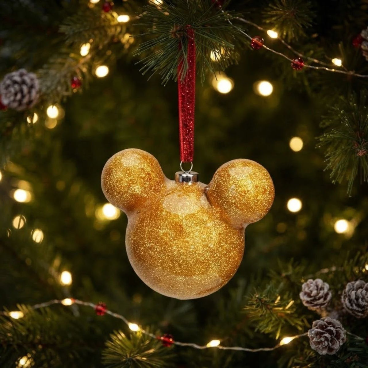Bring some of Disney's magic to the festivity with this wonderful 6cm gold glitter Mickey Mouse bauble.