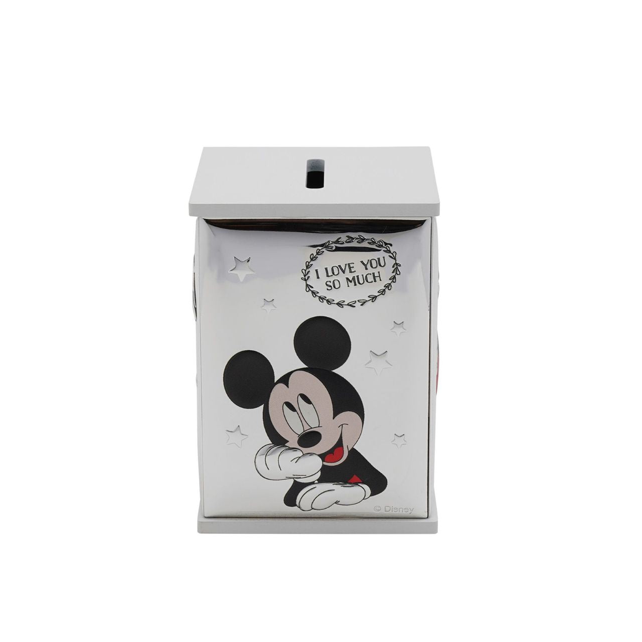 Bring the magic of Disney into your home with this delightful Mickey Mouse money bank. Crafted from white wood and adorned with real 999 silver plating, this charming box features playful illustrations of the beloved character in classic black and red.