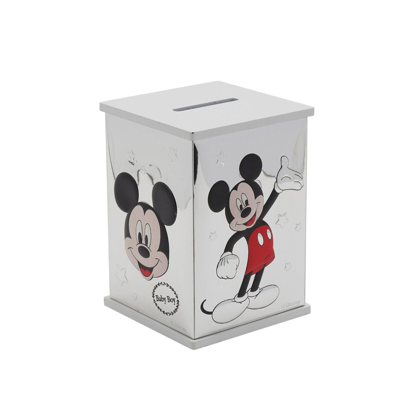 Bring the magic of Disney into your home with this delightful Mickey Mouse money bank. Crafted from white wood and adorned with real 999 silver plating, this charming box features playful illustrations of the beloved character in classic black and red.