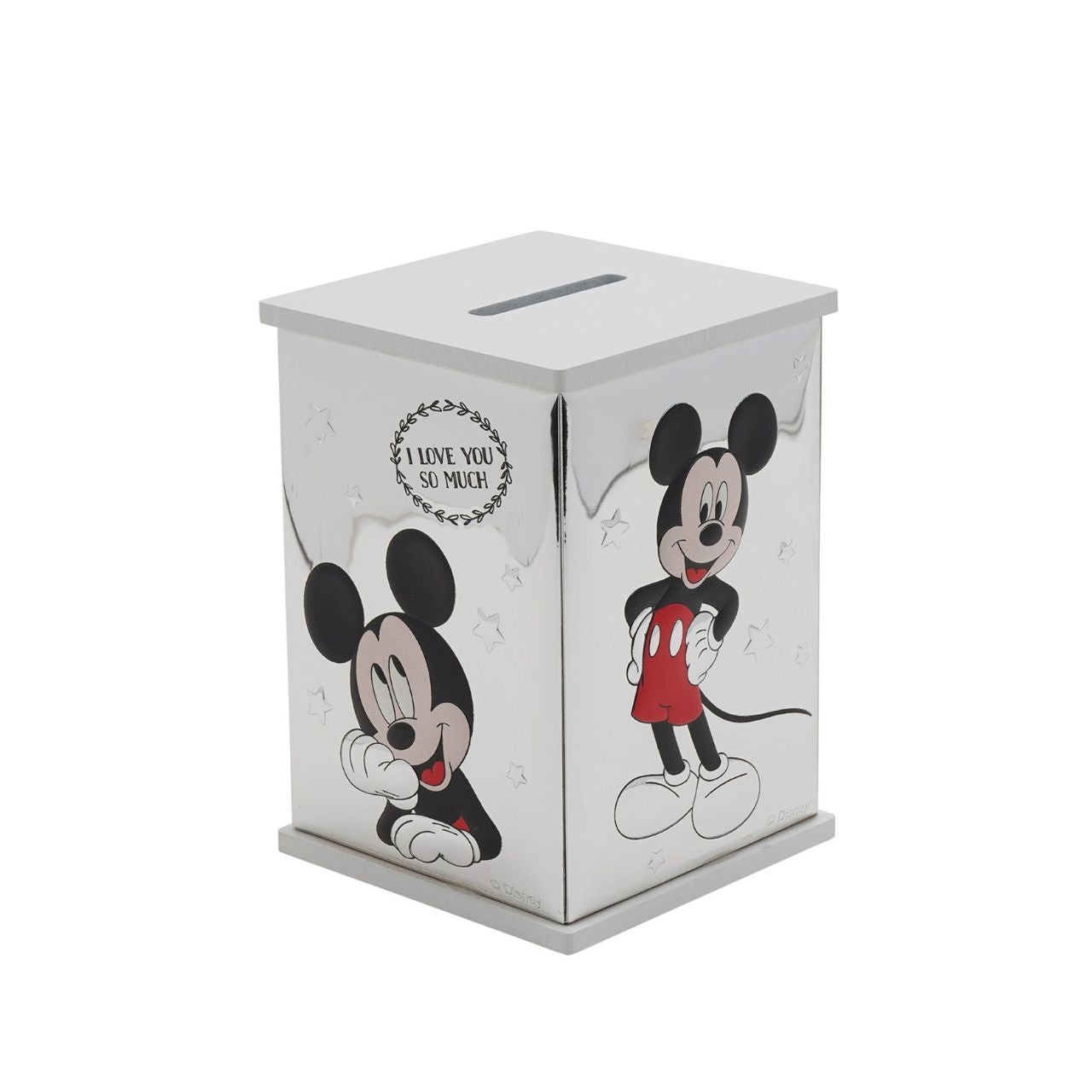 Bring the magic of Disney into your home with this delightful Mickey Mouse money bank. Crafted from white wood and adorned with real 999 silver plating, this charming box features playful illustrations of the beloved character in classic black and red.