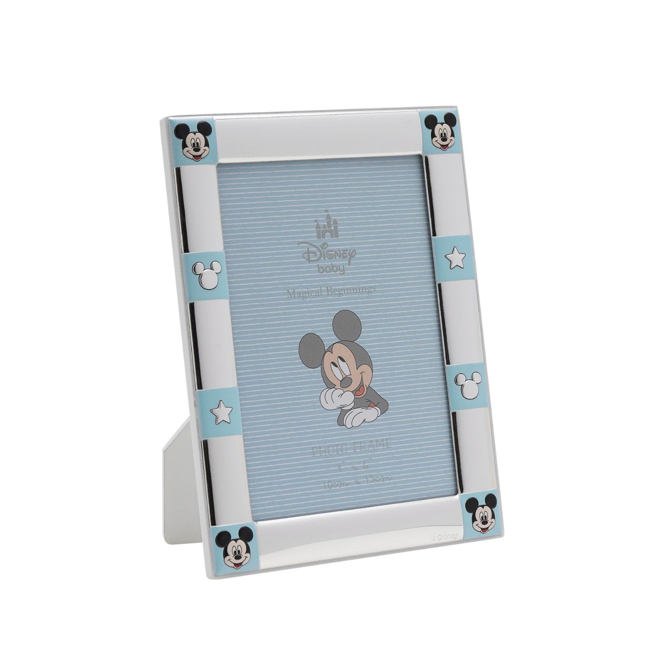 Bring Disney magic home with this charming Mickey Mouse photo frame, perfect for cherished memories. Adorned with Mickey's iconic ears and stars, this silver-plated frame is a must-have for any Disney fan.