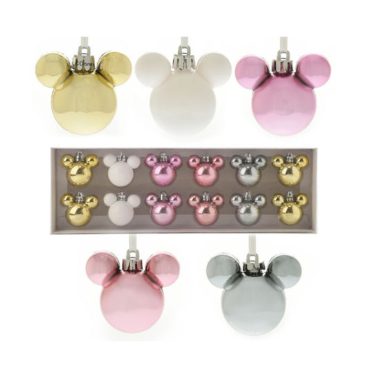 Disney Set of 12 Mini Mickey Baubles Assorted Finishes  This assortment of 12 Mickey baubles would look magical on any Christmas tree this festive season. The cute, iconic, and recognisable Mickey ear shape is certain to bring warmth and smiles to a family Christmas this year.