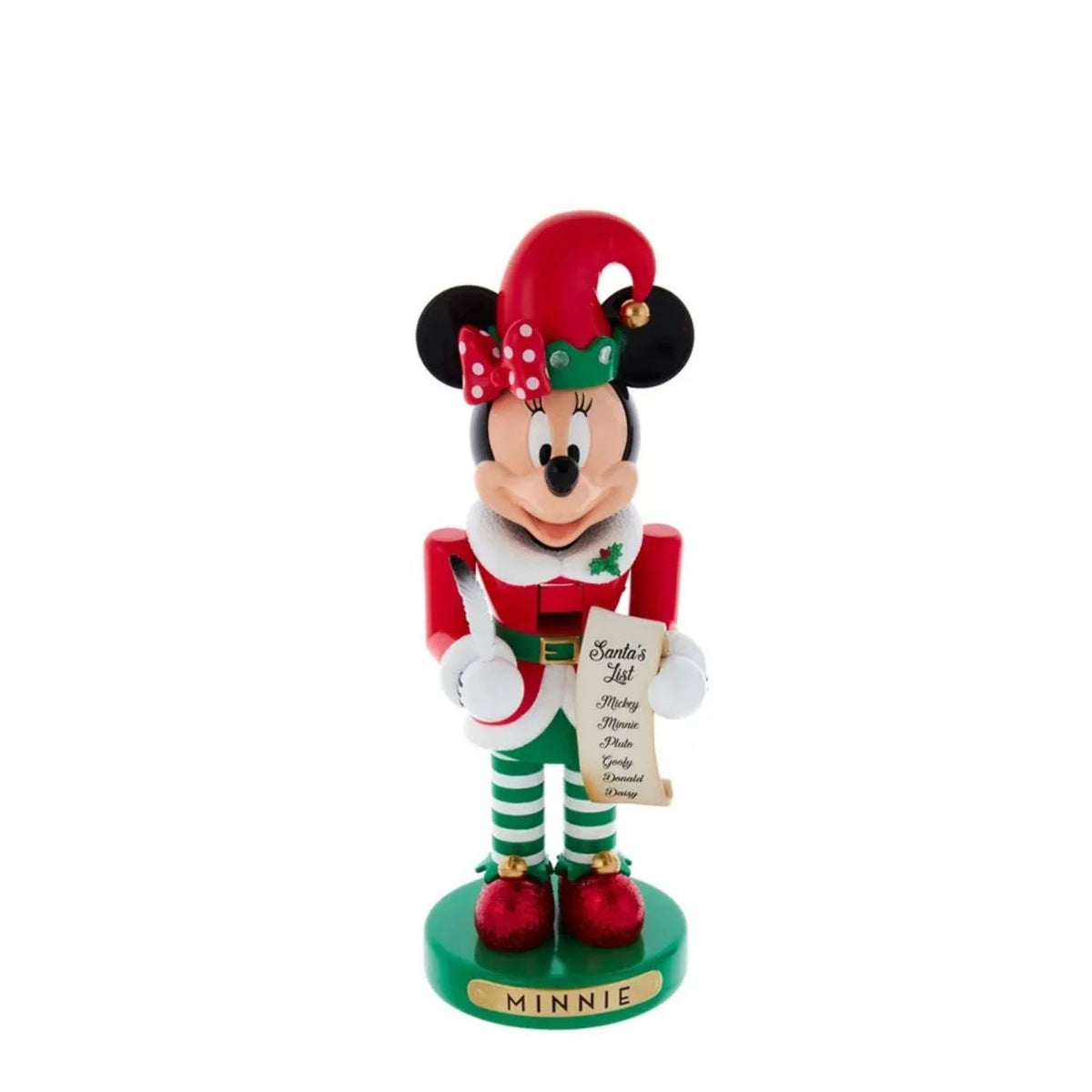 Bring festive magic to your home with this charming Disney Minnie Elf Nutcracker. Dressed in a vibrant green, red, and white Christmas elf outfit, Minnie holds Santa's famous Naughty and Nice List, checking it twice with her characteristic charm.
