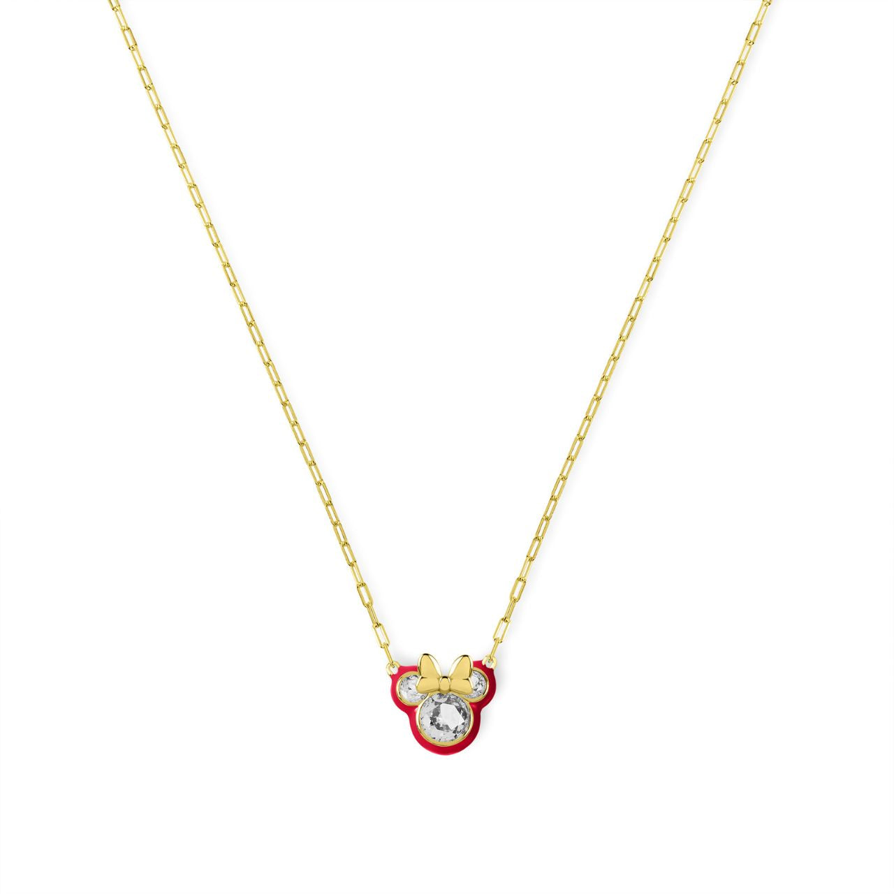 Disney 100th Anniversary Minnie Mouse Pink Back CZ Pendant  This Disney Minnie Mouse Pink Back Necklace features a stunning CZ pendant showcasing everyone's favourite mouse. With its delicate and stylish design, this necklace is the perfect accessory for any Disney fan. Add a touch of magic to your everyday look with this charming piece.