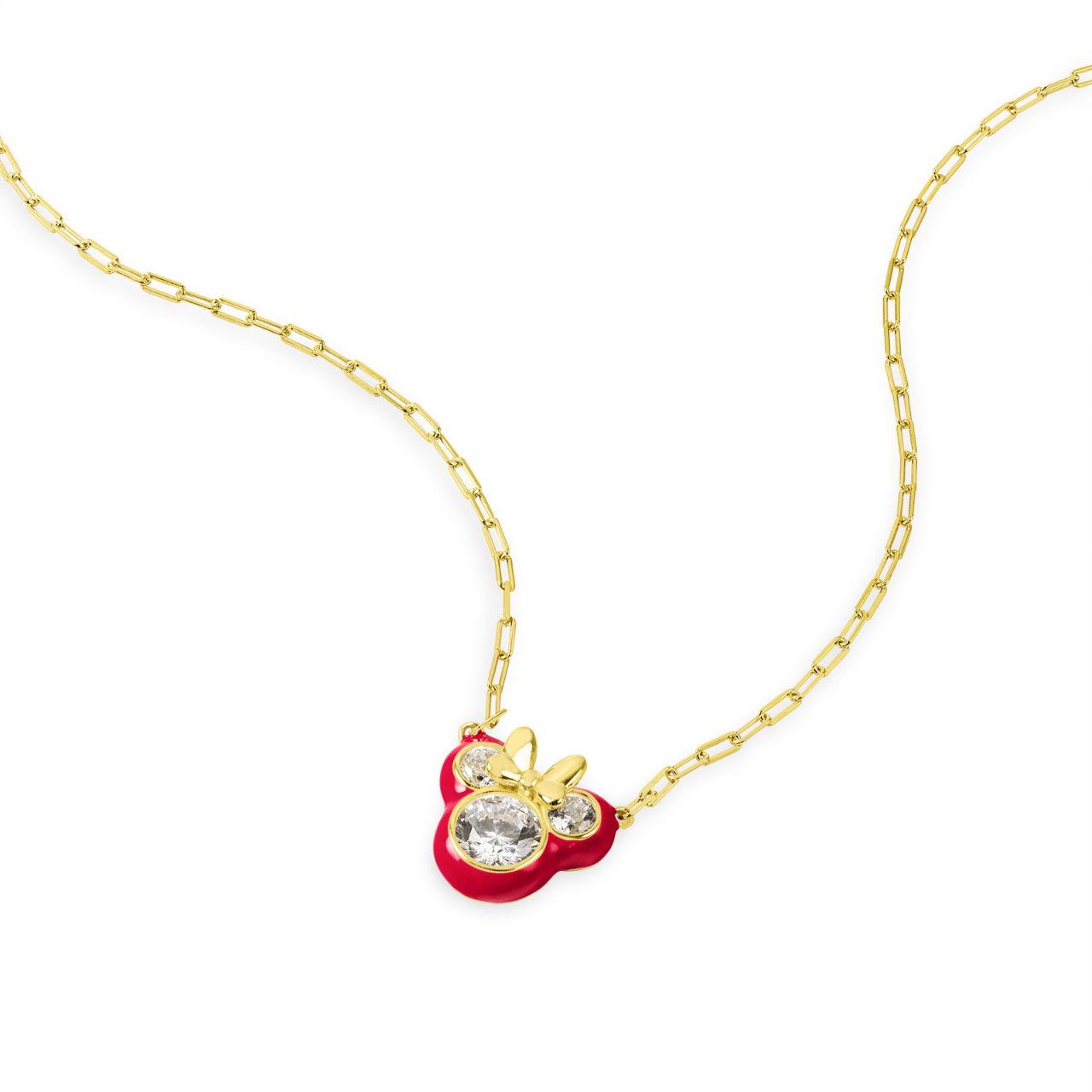 Disney 100th Anniversary Minnie Mouse Pink Back CZ Pendant  This Disney Minnie Mouse Pink Back Necklace features a stunning CZ pendant showcasing everyone's favourite mouse. With its delicate and stylish design, this necklace is the perfect accessory for any Disney fan. Add a touch of magic to your everyday look with this charming piece.