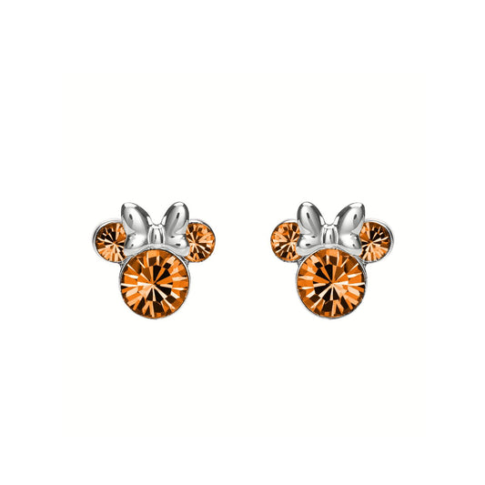 Disney Minnie Silver Birthstone Earrings Orange CZ  Elevate any outfit with these Disney Minnie Silver Birthstone Earrings featuring a vibrant orange CZ stone. Showcasing the iconic Minnie Mouse silhouette, these earrings add a touch of whimsy and a pop of color to your jewelry collection. Crafted with high-quality materials, they guarantee durability and style for any occasion.