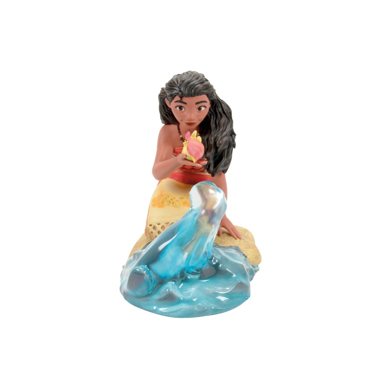 A clear resin wave swirls around Moana knees, creating a sense of motion and energy, reflecting her deep connection to the sea and her fearless spirit. Every detail is meticulously crafted, from Moana's traditional Polynesian attire to her confident expression and flowing hair.